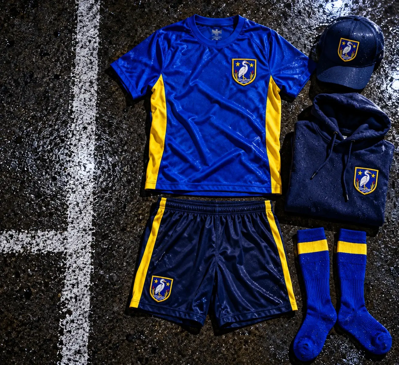 Kit de football bleu roi et jaune posé à plat sur du béton : maillot à écusson brodé, short, chaussettes, casquette et sweat brodés.