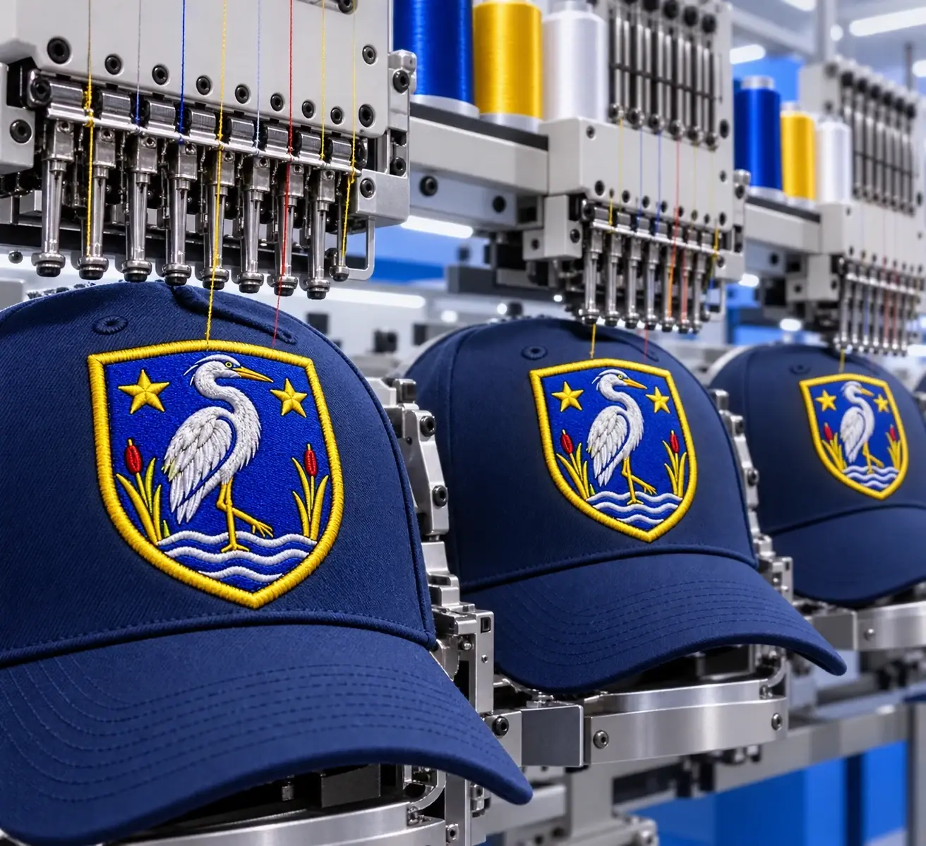 Brodeuse multi-têtes piquant des écussons héron bleu et jaune sur plusieurs casquettes à la fois.