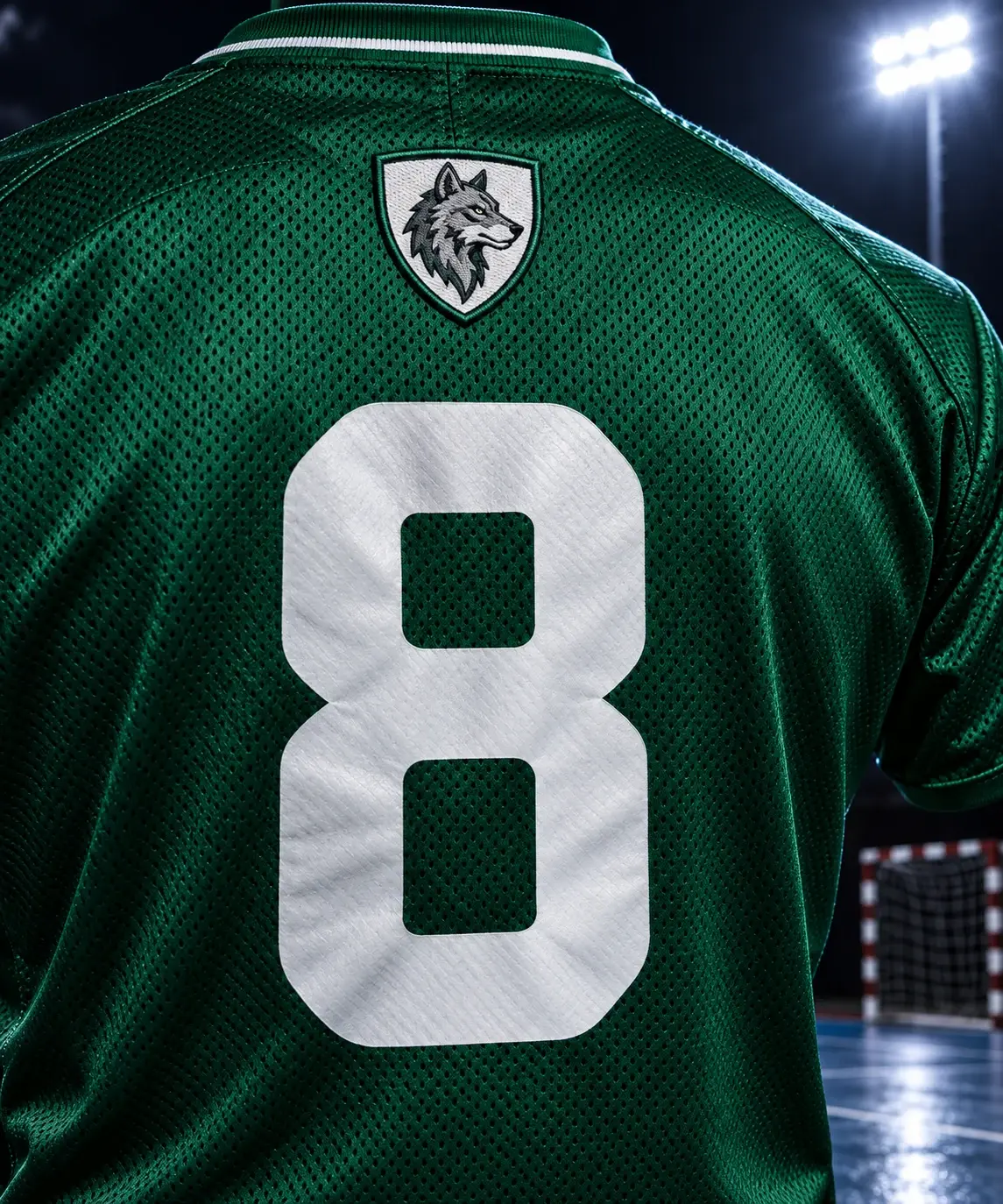 Dos de maillot — Club de hand, numéro floqué, écusson loup